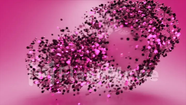 Dynamics of abstract pink glowing particle spheres. A large sphere attracts small. Scientific concept.. Abstract technology, engineering and artificial intelligence motion background. 3d illustration