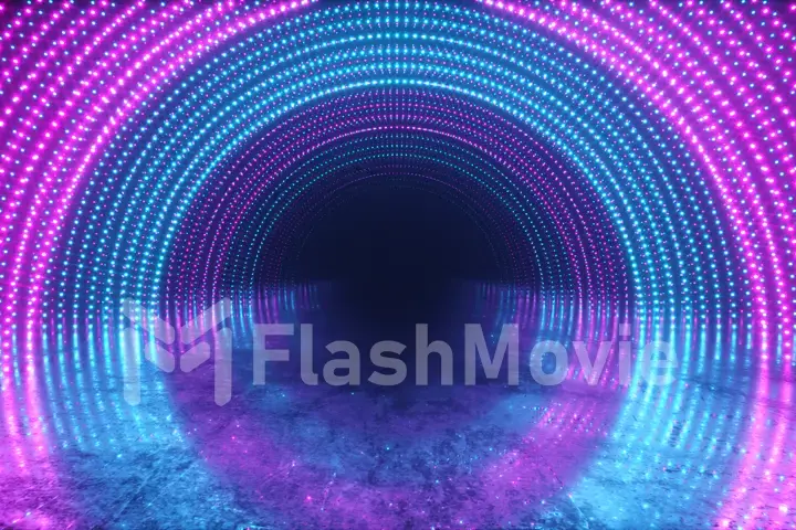 Abstrac motion background. Neon lights. Glowing dots spiral tunnel. Bright vibrant dots. laser illumination. Pink and blue colors. Reflective metal scratched texture floor. 3d illustration