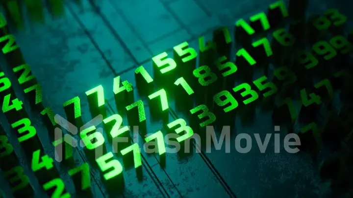 Green numbers on a dark background. Binary code. Close-up. Software. Digital currency. 3d illustration