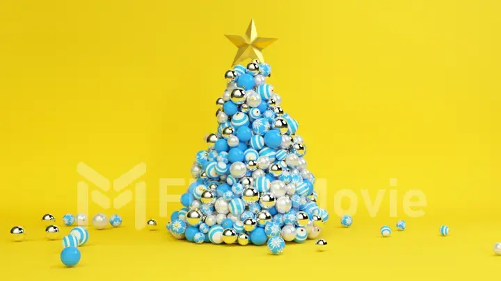 A tree of Christmas balls is growing dynamically on a bright colorful yellow background. 3d illustration