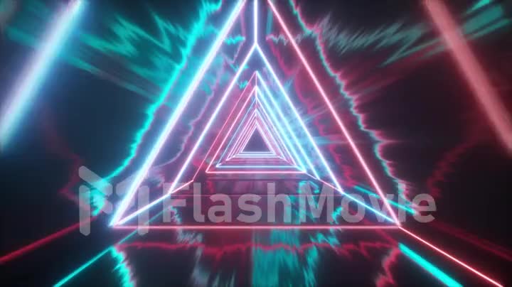 Flying through glowing neon triangles creating a tunnel with grunge reflection, blue red spectrum, fluorescent ultraviolet light, modern colorful lighting, 4k loop animation