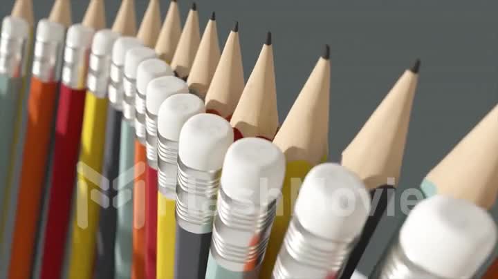 Pencils move one after another along the conveyor, erasers move in the opposite direction next to them. 3D animation