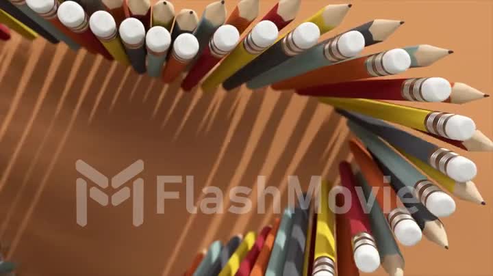 Top view of colored pencils moving in rows in different directions. Pencil lead and eraser. Clerical. 3d animation