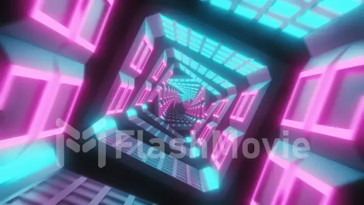 Flying through glowing spinning neon squares creating a tunnel, blue red pink violet spectrum, fluorescent ultraviolet light, modern colorful lighting, 3d illustration