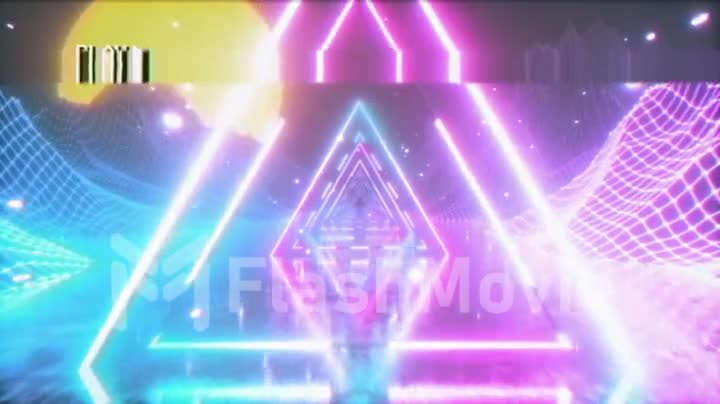 Flying in a retro futuristic space with glowing neon triangle in the style of the 80s. Seamless loop 3d render. The effect of the old film cassette with noise, interference and distortion.