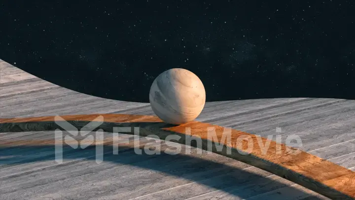 A wooden ball rolling along a wooden geometry on a cosmic background. Smooth light, realistic dynamics.