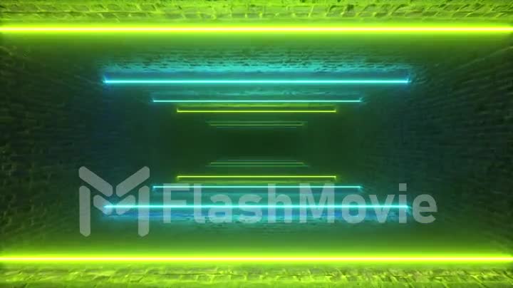 Flying through glowing neon lines creating a brick tunnel, green blue spectrum, fluorescent ultraviolet light, modern colorful lighting, 4k seamless loop cg animation