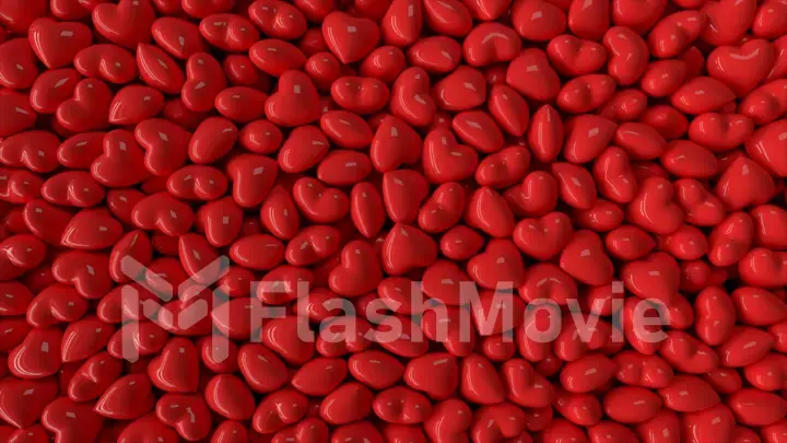 Falling dynamic red hearts filling the screen on isolated black background. 3d illustration