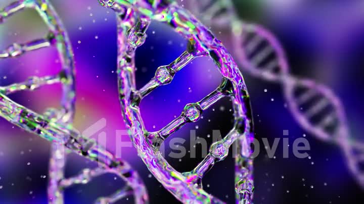 Abstract DNA on a dark background. The DNA hologram glows and shimmers with iridescent colors. Science and medicine concepts. Seamless loop 3d render