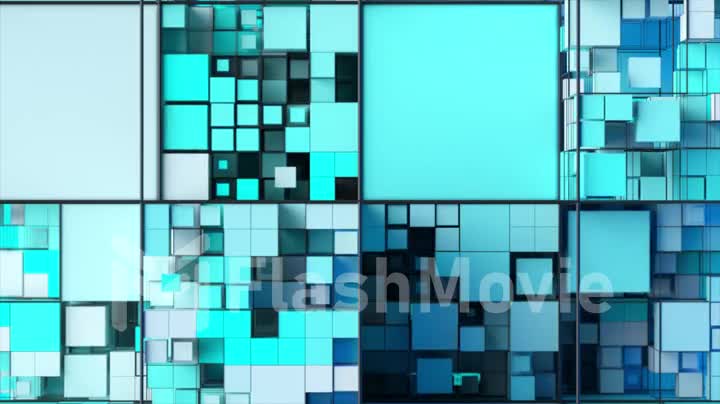 Abstract background with motion cubes. An array of different sized squares in a grid. 3d animation of a seamless loop