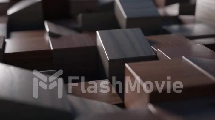 Abstract concept. Rectangular figures made of smooth dark wood move dynamically in random order. 3d animation