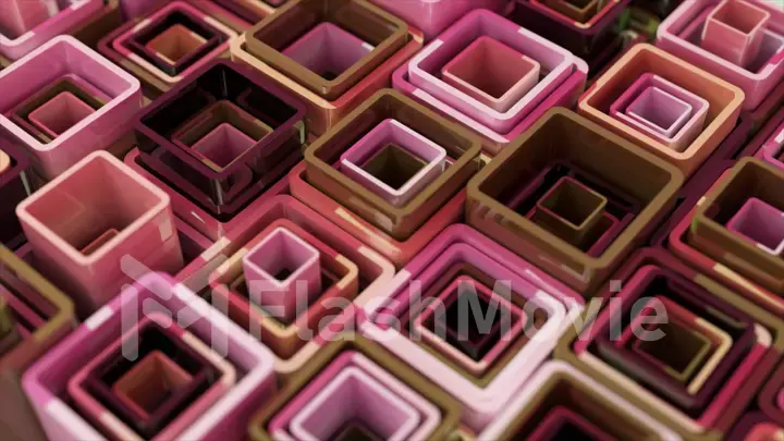Abstraction concept. Square tubes are stacked inside each other. Pink brown purple color. 3d illustration