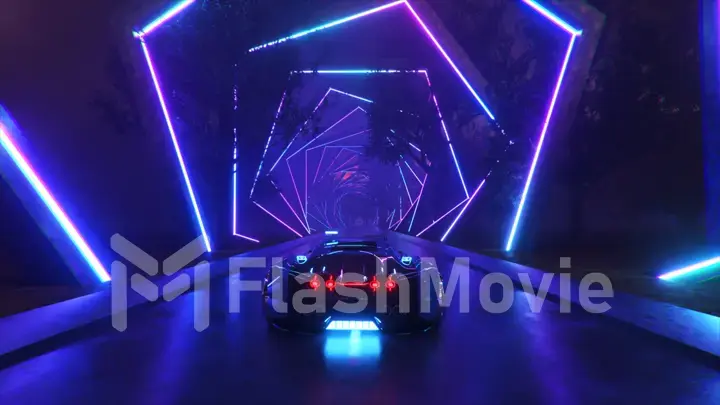 The car rushes at high speed through an endless neon technology tunnel. Futuristic concept. 3d illustration