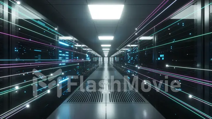 Digital information flows through the network and data servers behind glass panels in the server room of a data center or Internet service provider. High speed digital lines. 3d illustration