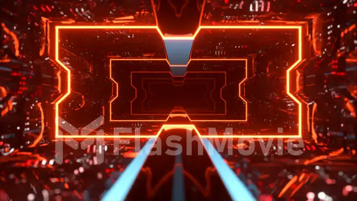 Futuristic animation of flying through a red tunnel with neon lights. 3d illustration