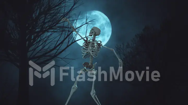 Dancing 3d skeleton on the background full moon night sky. moon light. clouds and moon ,beautiful nightly spooky 3d illustration