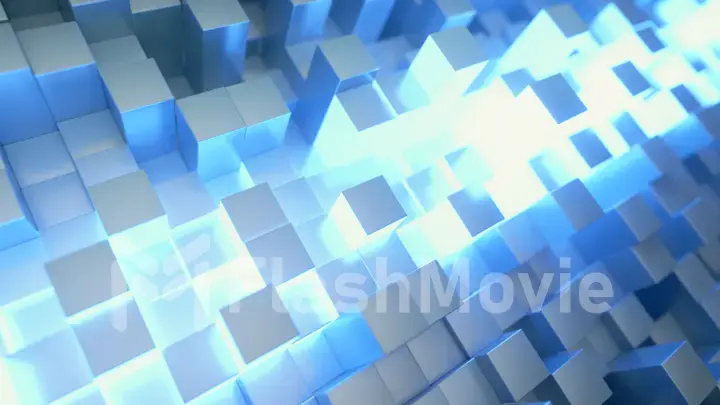 Abstract technology background for business presentations. Randomly moving cubes. Bright neon glow in the middle. 3d illustration