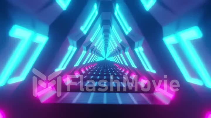 Flying through metallic glowing rotating neon triangles creating a tunnel, blue red pink violet spectrum, fluorescent ultraviolet light, modern colorful lighting, 4k seamless loop animation