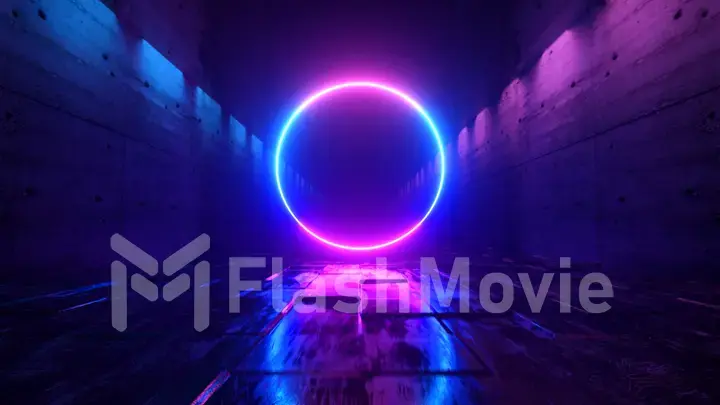 Endless flight in a futuristic dark corridor with neon lighting. A bright neon circle in front. 3d illustration