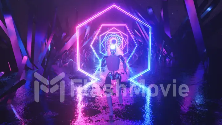 Robot running in abstract outer space along neon geometric shapes and crystals. 3d illustration