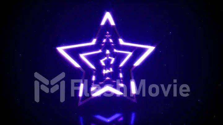 Rotations of a shining neon star in modern fluorescent lighting with reflections, 3D illustration