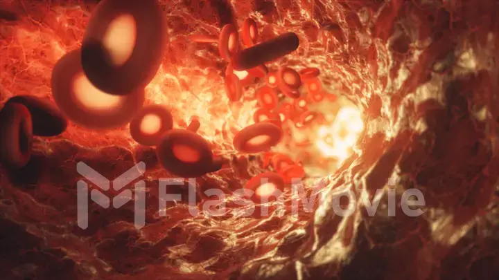 Red blood cells moving in the bloodstream in an artery. Hemoglobin cells traveling through a vein. 3d illustration