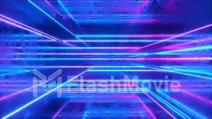 Abstract background, moving neon rays, luminous lines inside the metallic scratched room, fluorescent ultraviolet light, blue red pink violet spectrum, 3d illustration