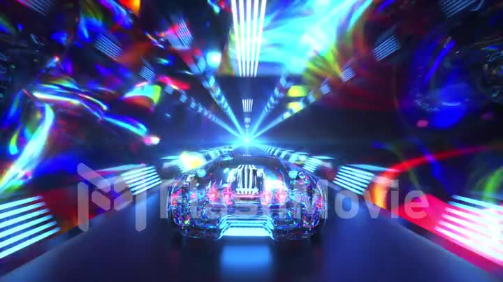 The diamond car is driving through the tunnel at high speed. Blue neon light. 3d animation of seamless loop