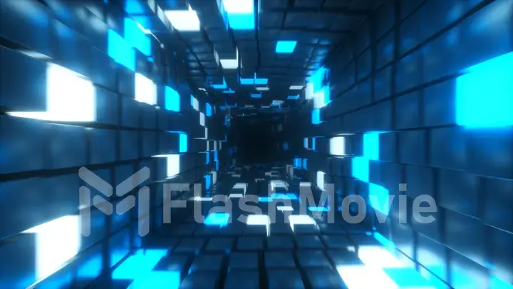 Abstract flying in futuristic corridor, 3d illustration background background, fluorescent ultraviolet light, glowing colorful neon cubes, geometric endless tunnel, blue spectrum