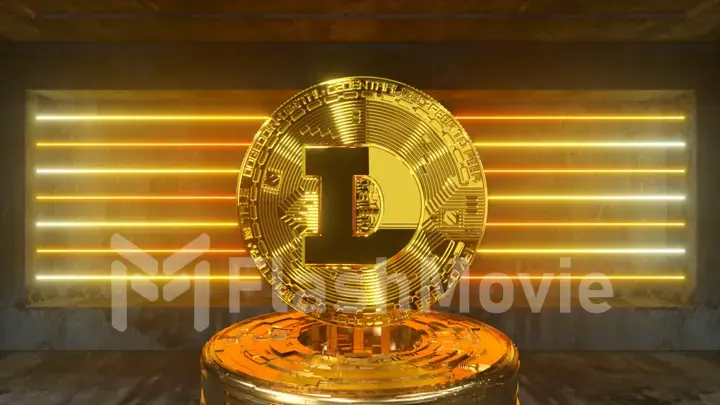 Dogecoin in a futuristic future room with neon lighting. Cryptocurrency concept. 3d illustration