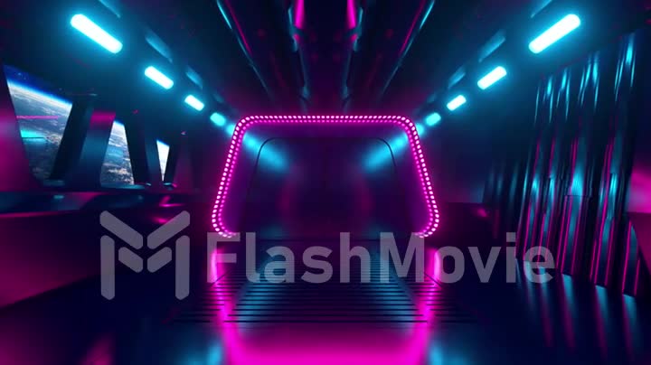 Sci-fi tunnel in outer space with neon light. Planet Earth outside the window of the spaceship. Space technology concept. 3d animation of a seamless loop