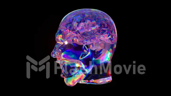 Artificial intelligence inside a glass human head. Diamond Brain. The head rotates on a black isolated background.