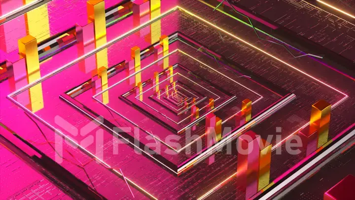 Abstract concept. Pink-yellow square panels. Bright colors. Rectangles. Dark side and light side. 3d illustration