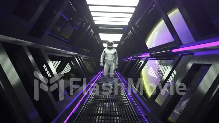 Technology and future concept. Astronaut walking in spaceship tunnel. Sci-fi shuttle corridor. Purple light. Moon