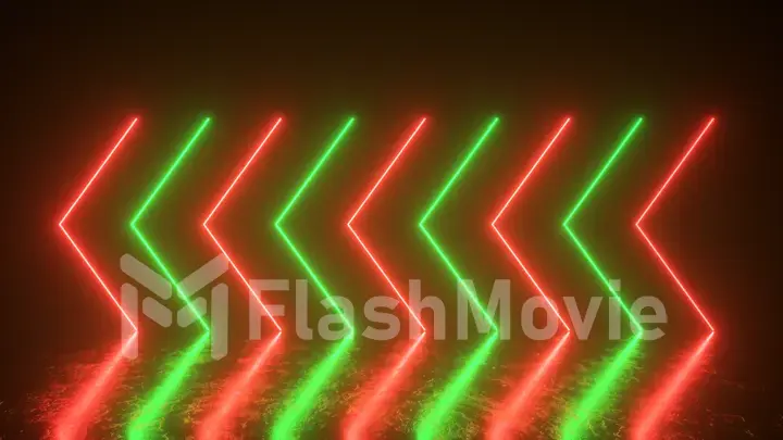 Flashing bright neon arrows light up and go out indicating the direction on the reflective floor. Abstract background, laser show. Ultraviolet neon green red light spectrum. 3d illustration