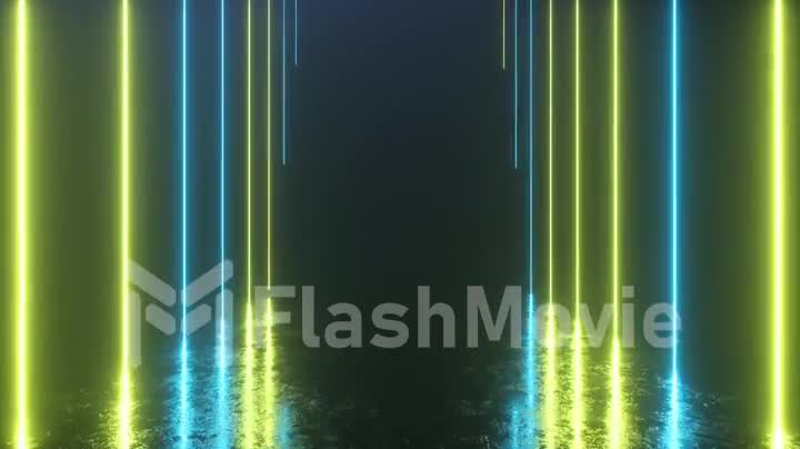 Endless corridor with neon lines tending up. Metal reflective scratched floor. Seamless loop 3d render. Modern colorful neon light spectrum