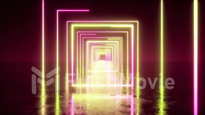 Abstract flight in space through glowing neon squares. Yellow pink spectrum, fluorescent ultraviolet light. Seamless loop 3d animation