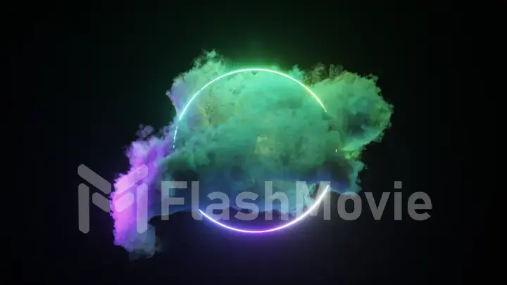 A rotating cloud illuminated by a neon light ring on a black isolated background. Glowing geometric figure.