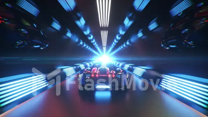 The car rushes at high speed through an endless neon technology tunnel. Futuristic concept. 3d illustration