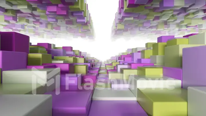 Abstract geometric tunnel made of yellow pink cubes with random movement. 3d illustration