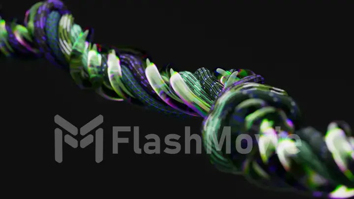 Abstract concept. Transparent tubes and braided cables meander and turn on black isolated background. Green neon color