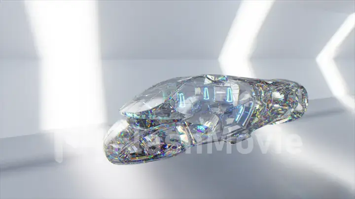 The concept of future technologies. The diamond car flies through a white light tunnel. 3d Illustration
