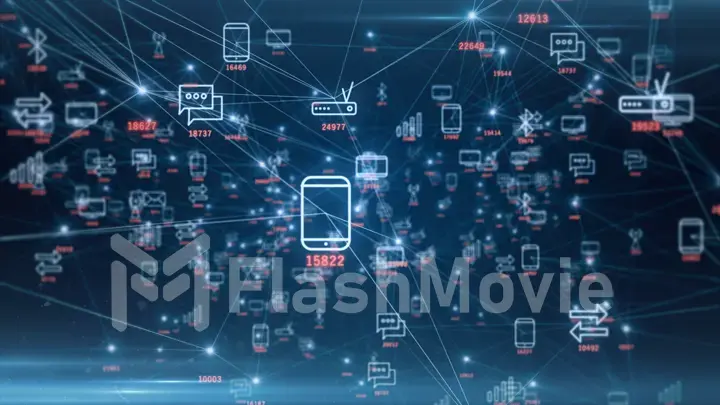 Abstract network of physical devices on the Internet using a network connection with statistics numbers 3d illustration