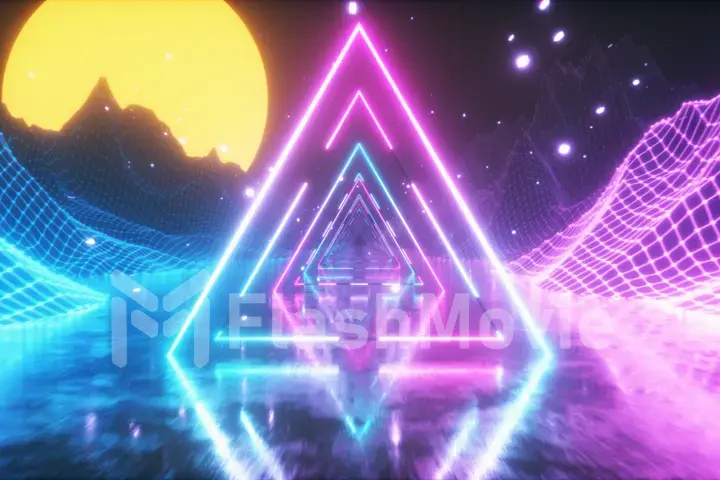 80's Abstract retro futuristic background. Beautiful 3d illustration with ultraviolet neon triangle modern lights. Retro wave stylization. Flying in space with particles and sun