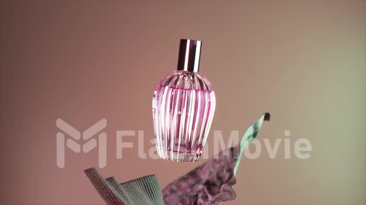 Cosmetic bottle of perfume on a beige background. Fragrant cosmetic product. Silk fabric all around. Flower essence.