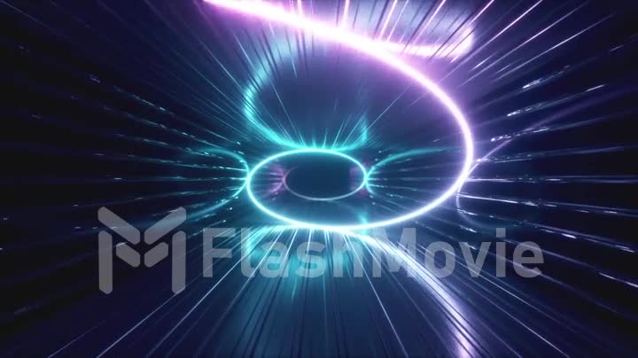 Abstract neon background. 3d render neon ultraviolet spiral spreads along the metal corridor. Hypnotic spiral, blue red pink purple spectrum, seamless loop 4k animation