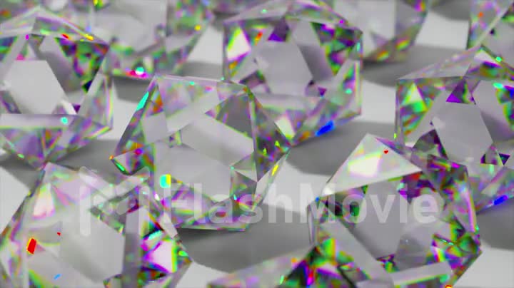 Many diamond stones sparkle with iridescent light. Lighting change. Shadow. White surface. 3d animation