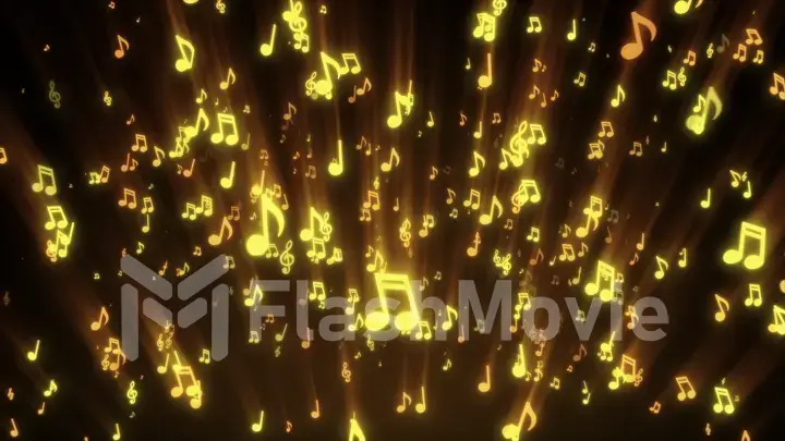 Abstract flow of golden musical notes flying into the camera 3d illustration