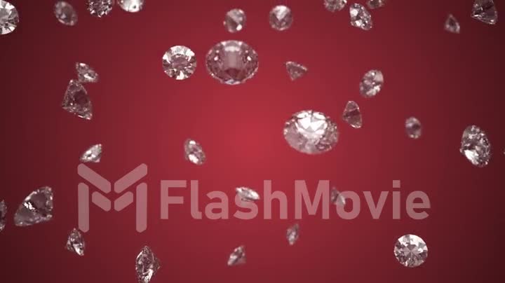 Falling shining diamonds 3d render on red background, seamless loop 4k cg animation