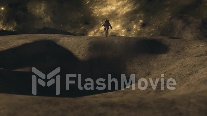 An astronaut runs across the moon and almost falls into a lunar crater, a space concept. 3d animation